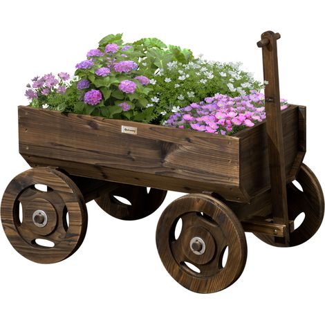 Outsunny Hochbeet im Holzwagen-Design, Blumenkasten Holz, Pflanzenwagen, Pflanzenständer für Garten und Terrasse, bis 50 kg belastbar, Verkohlt, 127 x 53 x 58 cm