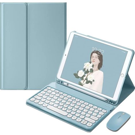 Étui clavier avec souris pour iPad 9 (2021) 10,2 pouces, iPad 8, iPad 7, Air, 3 et Pro 10,5 pouces. Clavier coloré rétro à touches rondes, couleurs acidulées, clavier détachable. Compatible avec iPad (1/5)