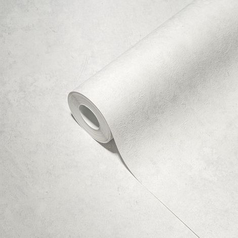 Papier peint blanc gris aspect crépi Tapisserie moderne structurée effet délavrée Papier peint tendance chiné résistant idéal couloir (1/4)