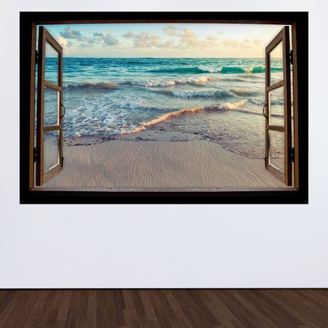 Stickers Trompe l'oeil fenêtre en bois - Plage - 60 x 90 cm (1/3)