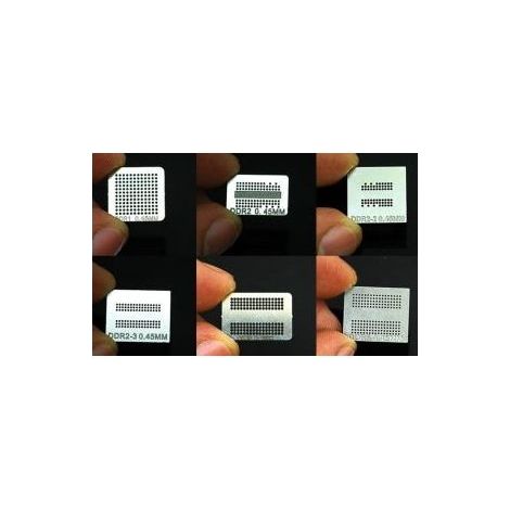 Pack 6 stencils reballing para chips memoria DDR,  DDR2, DDR2-2, DDR2-3, DDR3, GDDR5 (1/2)