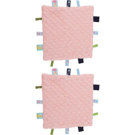 Lot de 2 couvertures de sécurité pour bébé en pur coton avec étiquettes colorées, idéales pour le développement sensoriel (particules 3D). Rose. (1/5)