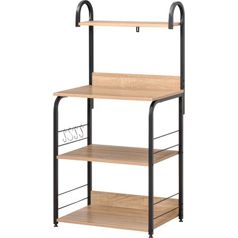 HOMCOM Mobiletto Cucina 4 Ripiani e 4 Ganci Acciaio 60x40x125cm Color Legno