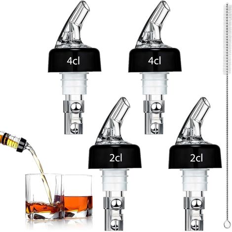 Lot de 4 Becs verseurs, Dosage 2cl et 4cl, Plastique alimentaire, Bille acier, Pour bouteilles spiritueux et bar