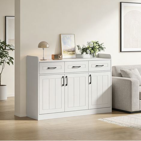 Sideboard aus Spanplatte Weiß 120 x 35 x 80 cm mit 3 Türen, 3 Schubladen und 2 verstellbaren Einlegeböden (1/5)