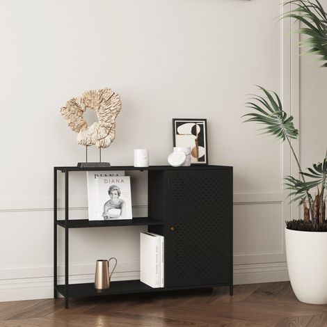Mesa consola Viitasaari con compartimentos abiertos y puerta metal 75 x 100 x 30 cm - Negro mate [en.casa] (1/5)