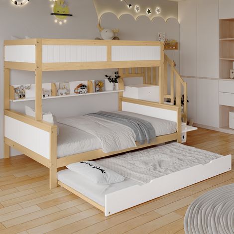 Lit superposé enfant 3 places 90x200/120x200 cm avec lit gigogne 90x190 cm, escalier d’angle et barrières, pin MDF, blanc naturel