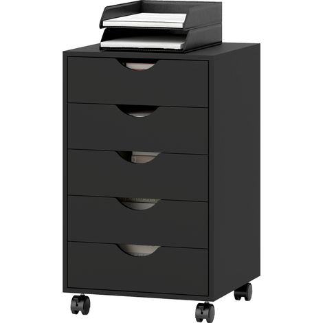 Caisson bureau mobile, meuble rangement bureau sur roulettes, 5 tiroirs, 40 x 40 x 67 cm, noir