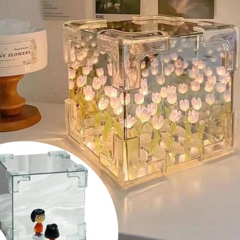 Veilleuse décoration de Meubles de Bureau, Lampe Miroir 2 en 1 Faite à la Main, Cadeau d'anniversaire pour Amis, Lampe, Tulipe (Rose) (1/5)