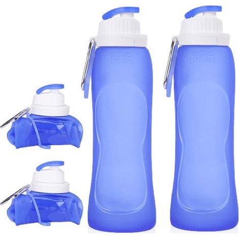 Confezione da 2 borracce pieghevoli da 500 ml ciascuna, con moschettone, realizzate in silicone resistente, senza BPA, ideali per il fitness. (1/5)