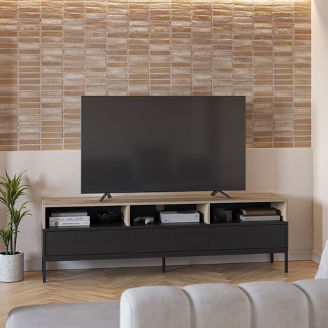 Meuble TV 3 tiroirs 3 niches 180x40x55 cm décor chêne et noir - NANGY (1/5)