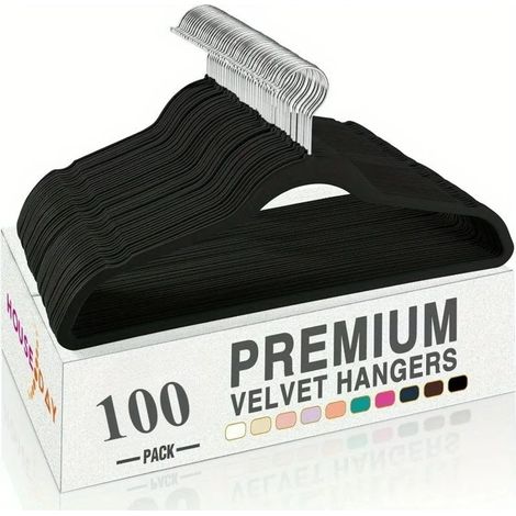 Lot de 100 cintres gain de place avec revêtement en velours antidérapant - Cintres haut de gamme avec porte-cravates, rotation à 360°, noirs (1/5)