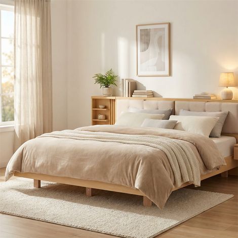 Lit 180x200cm - Lit Double 180 - Tête de Lit avec Rangement Tiroirs et Étagères - Port USB et Prise - Structure Bois - Naturel (1/5)