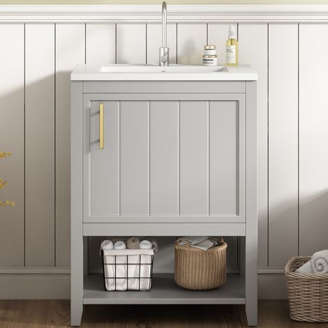 Mueble de baño con lavabo cerámico de 60 cm, estante y suelo gris claro DESVIAE (1/5)