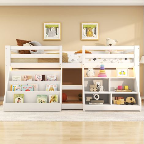 Cama semialta 90x200 cm blanca de pino y MDF con estantes, barandilla, escalera e iluminación LED (1/5)
