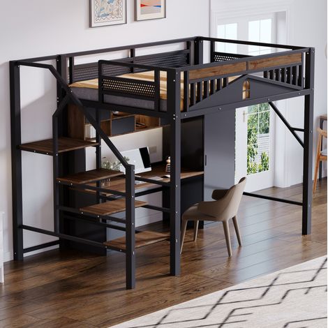 Lit mezzanine 140/200 cm noir en métal et bois avec échelle sécurisée et garde-corps fenêtré (1/5)