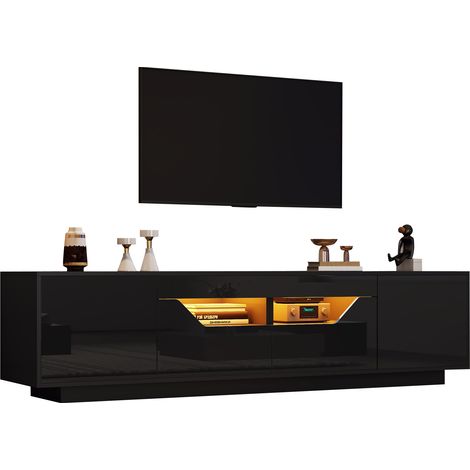 Meuble TV 180 x 40 x 45 cm laqué noir avec LED, 2 tiroirs, 2 placards et rangement ouvert, pour téléviseur 75 pouces - CHICFURN (1/5)