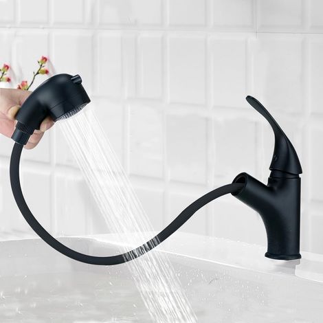 Schwarze Badarmatur mit ausziehbarer Brause, 2 Strahlarten, ausziehbarer Armatur, Einhebelmischer mit hohem Wasserdruck (1/5)