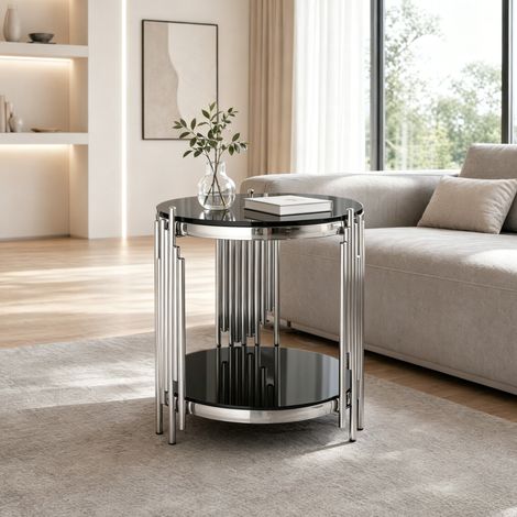 tavolo soggiorno rotondo 2 ripiani vetro nero OKMYHOME (1/5)