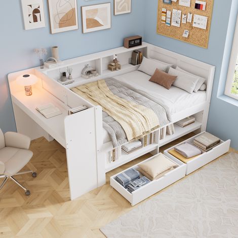 Lit multifonction 120x200 cm en bois avec bureau, rangement, tiroirs et étagères - Blanc (1/5)