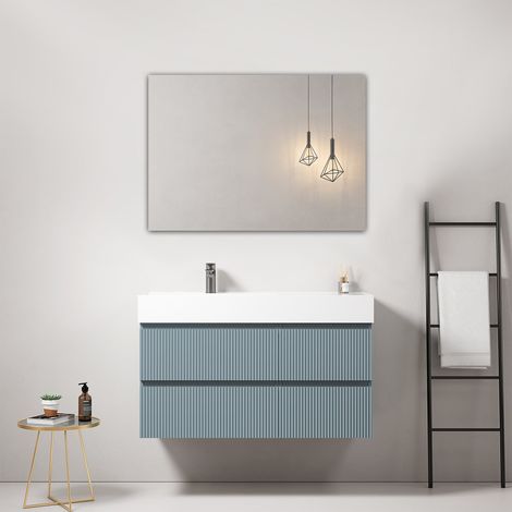 Mobile bagno sospeso cannettato 100 cm Blu Avio Lavabo a Sinistra in Resina Specchio Quadro - Fiji Paint (1/4)