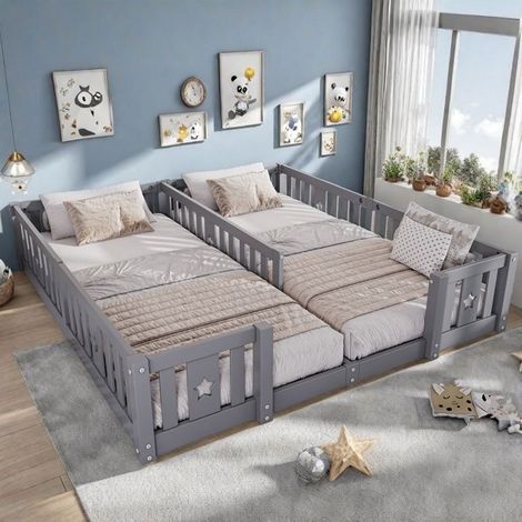 Doppelbett 2 Plätze - 2x90x200 cm - Massivholz - Sicherheitsbarrieren - Lattenrost optional