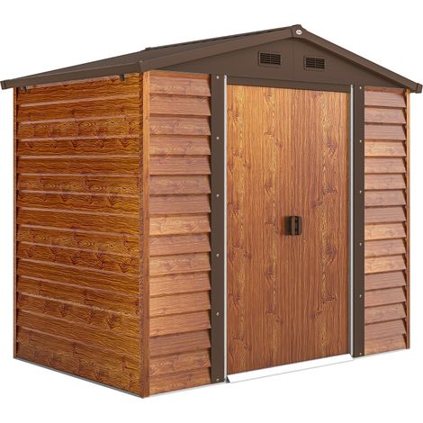 Abri de jardin marron aspect bois en acier 152×235,7×208,7 cm, cabane résistante aux intempéries avec fenêtre pour rangement outils