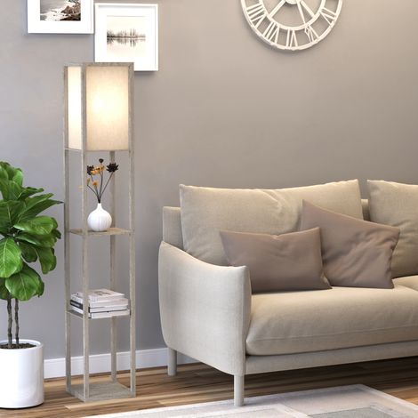 Lampadaire avec 3 étagères, E27 40 W, MDF, blanc DESVIAE (1/5)