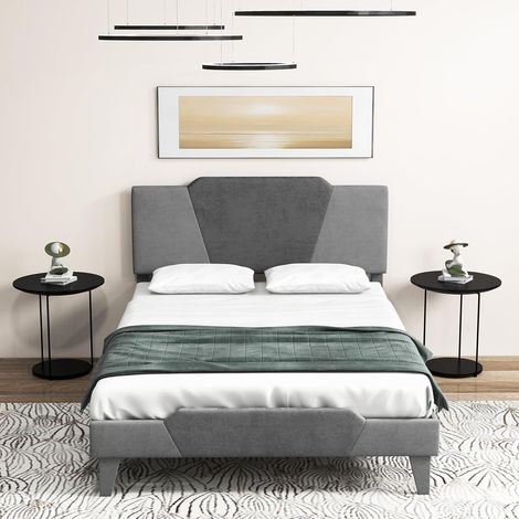 COSTWAY Letto con Struttura Imbottita in Velluto, Telaio da Letto con Doghe in Legno Massello e Testiera, 140 x 200 cm, Carico Massimo 500kg (1/5)
