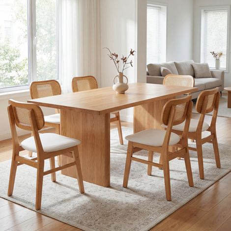 Wahson Lot de 6 chaises blanc en rotin et bois massif – Coussin en similicuir imperméable – Dossier en rotin tressé – Pour salle à manger et cuisine (1/4)