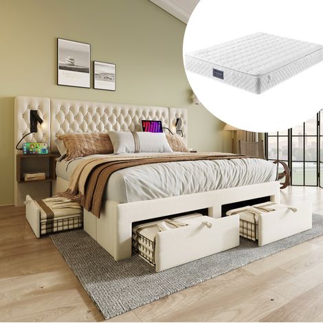 Doppelbett 160x200 cm aus beigem Samt mit 4 Schubladen, Leselampen & Matratze – MEUBLIV (1/5)