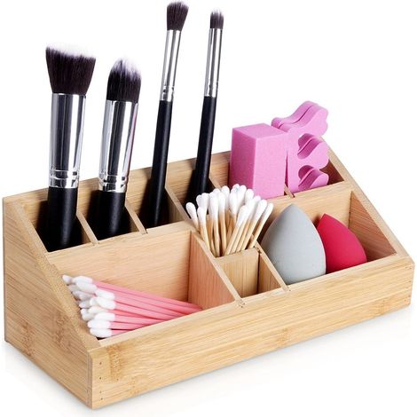 Organizador con 10 compartimentos en madera de bambú para maquillaje y maquillaje.