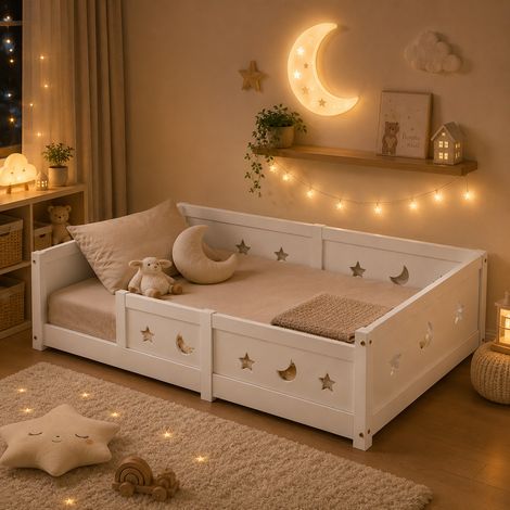 Lit enfant 90x200 cm avec sommier à Lattes, barrières de protection,Lit au sol en pin massif,1 place, Blanc (1/5)