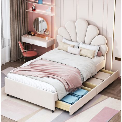 Bett 90x200 cm gepolstert in Beige, mit blütenförmigem Kopfteil, 2 Schubladen und Lattenrost