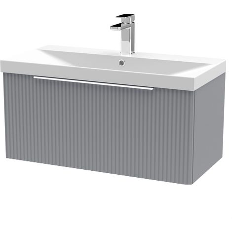 Tixall Fluted 1 Drawer Wall Hung Vanity Unit with Thin Edge Basin, Satin Grey, 800mm