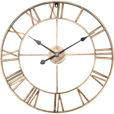 Grande horloge murale ronde en fer classique en métal avec chiffres romains pour décoration d'intérieur (doré 60 cm de diamètre) (1/5)