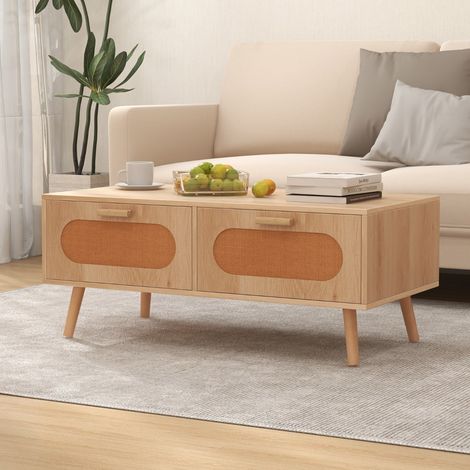 Table Basse en Rotin Moderne avec 2 Tiroirs de Rangement et Compartiment Arrière Table d'Appoint Rectangulaire Naturel (1/3)