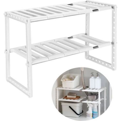 Etagere de Rangement sous Evier Rack Extensible Organisateur pour Cuisine Salle de Bain Chambre Salon Longueur Reglable 38-70cm,Capacite de Charge de 14 kg (Blanc)