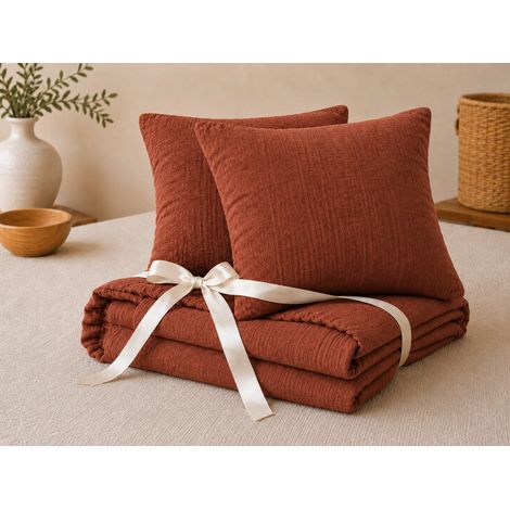 Pack Drap Housse 140 x 190 cm + 2 Taies d’Oreiller 60 x 60 cm Double Gaze de Coton GAÏA Terracotta