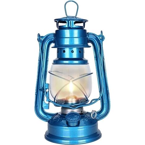 Lampe à pétrole LED Lampe à huile Bougeoirs en fer Lampes à bougies Portable Paraffine Hurricane Lampes de table Éclairage Cadeau Décoration de Noël Bleu clair