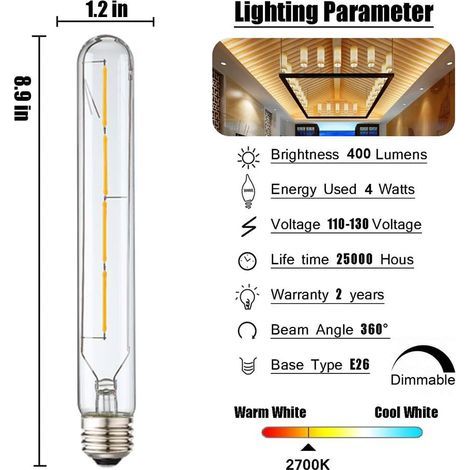 Ampoule tubulaire dimmable 4W, équivalent à 40 watts, ampoule à filament LED rétro style E26 Edison, blanc chaud 2700K (1/5)