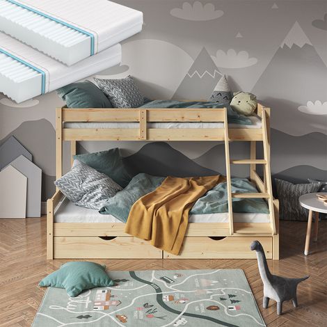 Etagenbett Everest, Naturholz, 120x200 / 80x200 cm mit 2 Matratzen und 2 Schubkästen, Vitalispa