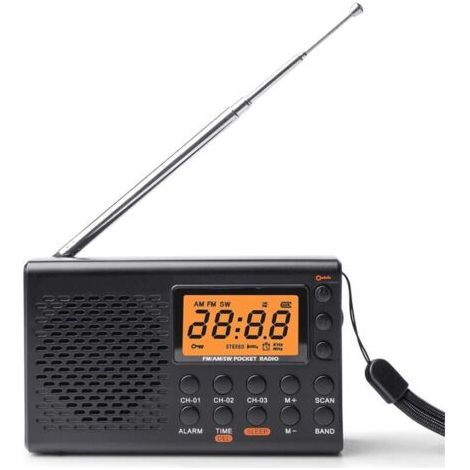 Radio Portable AM/FM/SW avec écran LCD, Fonctionne sur Piles, Haut-Parleur intégré, Alarme, minuterie, Prise Casque et 35 Stations préréglées.