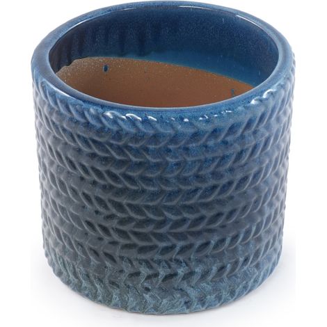 Vaso in ceramica blu scuro Ø17,5 cm con rilievo a spina di pesce e foro di drenaggio (1/5)