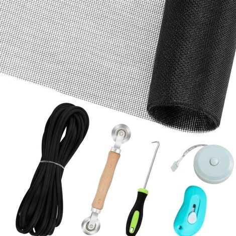 Reparaturset für Fliegengitter, Moskitonetz (120 cm x 300 cm), einzeln zuschneidbar, inklusive Rollwerkzeug und Gummistreifen