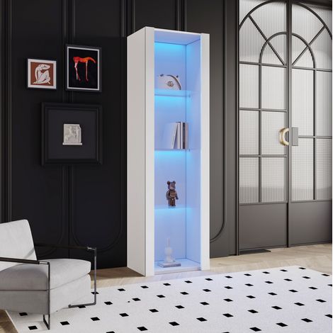 MEUBLIV Vitrine 55x38x166 cm blanche – LED, 3 étagères en verre (1/5)