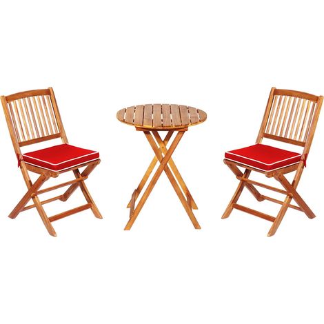 Ensemble bistrot rouge 3 pièces en bois d'acacia avec coussins rembourrés et table basse ronde pliable pour terrasse (1/5)