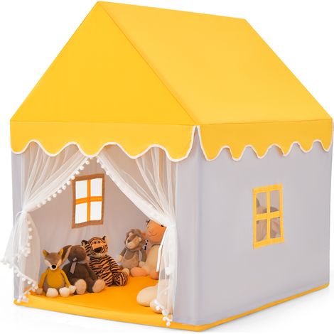 COSTWAY Kids Play Tent Indoor Playhouse with Padded Mat-Yellow (1/5)