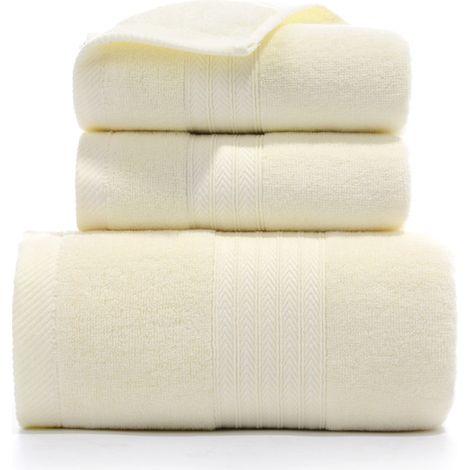 Ensemble de 3 serviettes de bain et 2 gants de toilette en coton filé à l'anneau, très absorbantes (bleues et beiges).