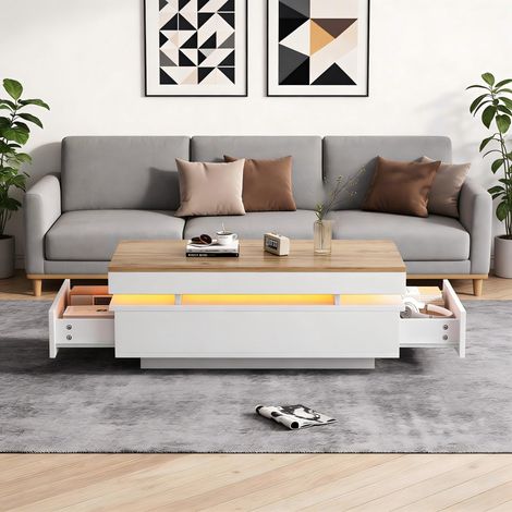 Table basse 100 x 50 x 35 cm avec 2 tiroirs, table d'appoint LED laquée brillante, table à thé, console, table de salon, table basse, blanc et bois.
